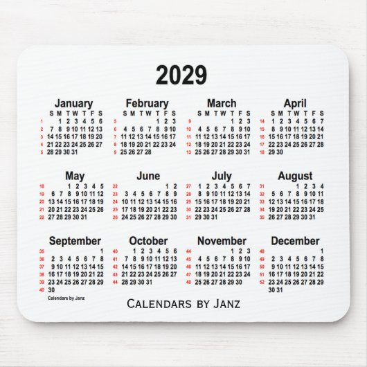 2029 Weißer 52-Wochen-Kalender von Janz Mousepad (Vorne)