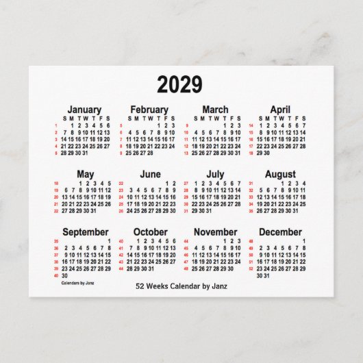 2029 Weißer 52-Wochen-Kalender von Janz Postkarte (Vorderseite)
