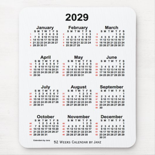 2029 White 52 Week Calendar by Janz Mousepad (Vorne)