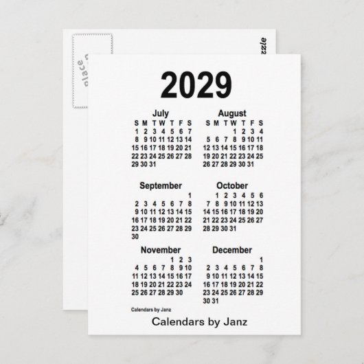 2029 White 6 Month Mini Kalender von Janz Postkarte (Vorne/Hinten)