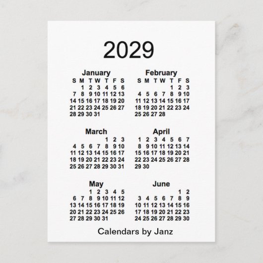 2029 White 6 Month Mini Kalender von Janz Postkarte (Vorderseite)