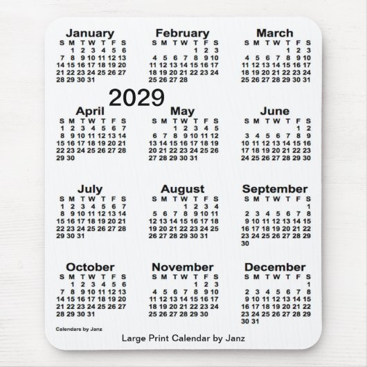 2029 White Large Print Calendar von Janz Mousepad (Vorne)