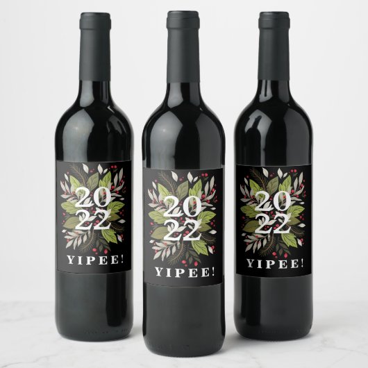 202 YIPPEE (schwarz) Elegant & Funny New Year Wine Weinetikett (Flaschen)
