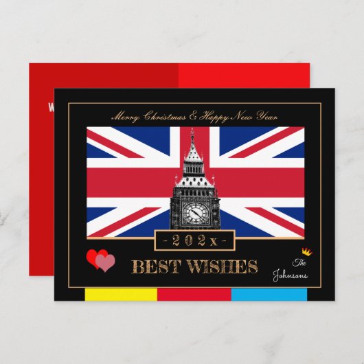 202x Happy New Year, Britische Flagge, Big Ben UK Postkarte (Vorne/Hinten)