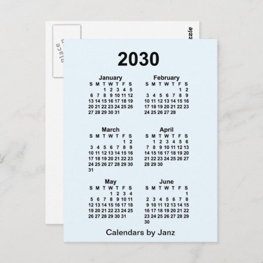 2030 Alice Blue 6 Month Mini Kalender von Janz Postkarte (Vorne/Hinten)