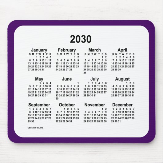 2030 Lila und weißer Kalender von Janz Two Tone Mousepad (Vorne)