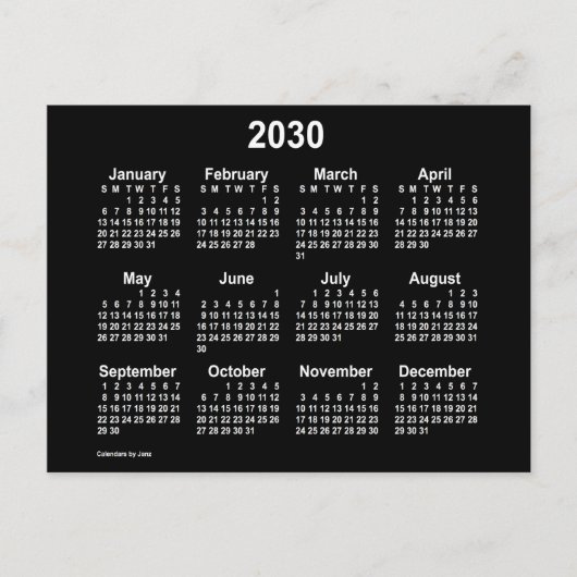 2030 Neon White Mini Kalender von Janz Postkarte (Vorderseite)