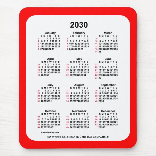 2030 Red 52 Weeks ISO Kalender von Janz Two Tone Mousepad (Vorne)