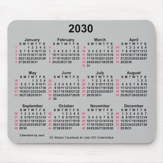 2030 Silver 52 Weeks ISO Kalender von Janz Mousepad (Vorne)