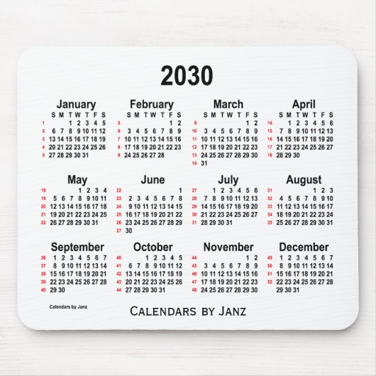 2030 White 52 Weeks Calendar von Janz Mouse Pad Mousepad (Vorne)