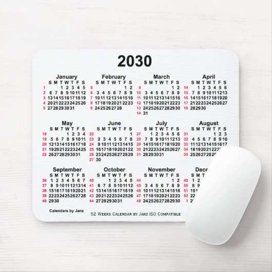 2030 White 52 Weeks ISO Calendar by Janz Mousepad (Mit Mouse)