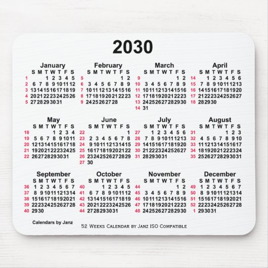 2030 White 52 Weeks ISO Calendar by Janz Mousepad (Vorne)
