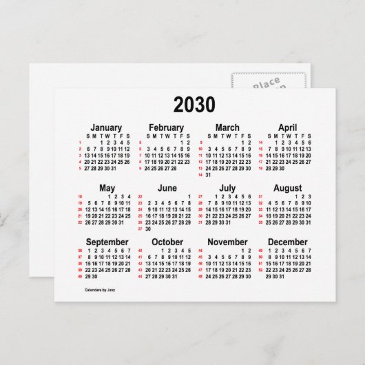 2030 White 52 Weeks Mini Calendar by Janz Postkarte (Vorne/Hinten)