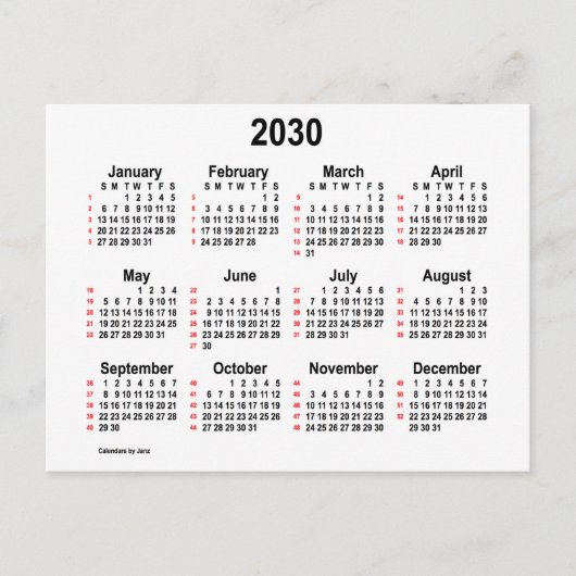 2030 White 52 Weeks Mini Calendar by Janz Postkarte (Vorderseite)