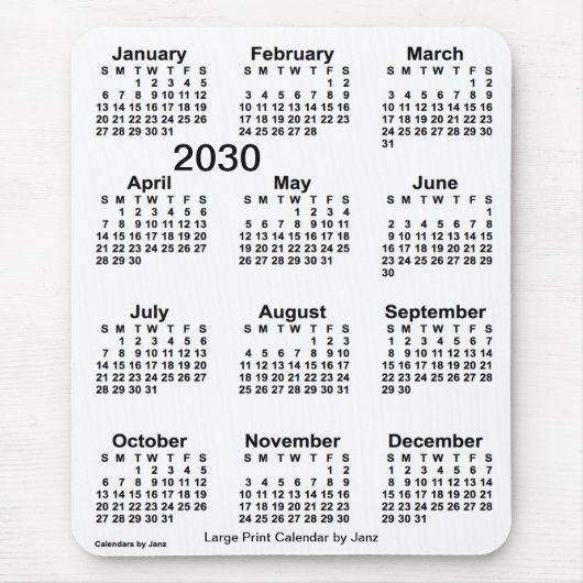 2030 White Large Print Calendar von Janz Mousepad (Vorne)