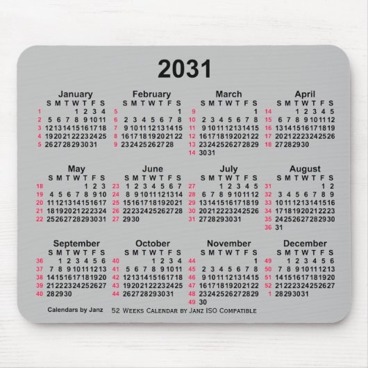 2031 Silver 52 Weeks ISO Calendar by Janz Mousepad (Vorne)