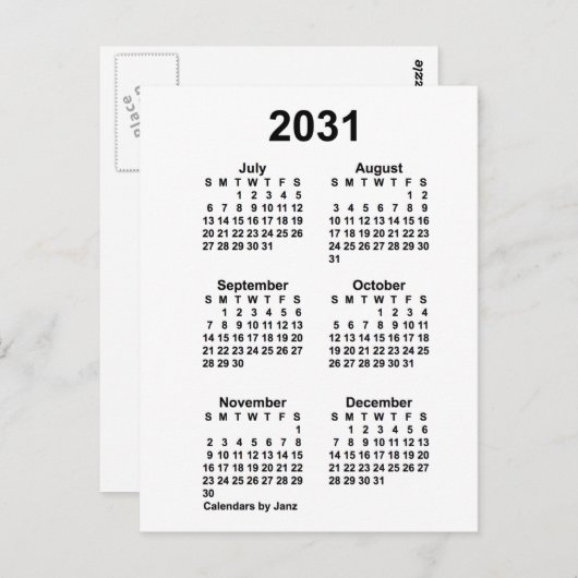 2031 Weißer 6-monatiger Mini-Kalender von Janz Postkarte (Vorne/Hinten)