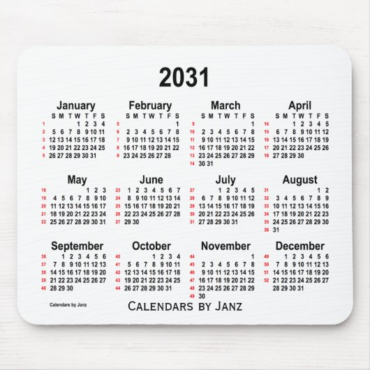 2031 White 52 Weeks Calendar von Janz Mouse Pad Mousepad (Vorne)