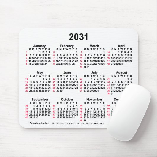 2031 White 52 Weeks ISO Calendar by Janz Mousepad (Mit Mouse)