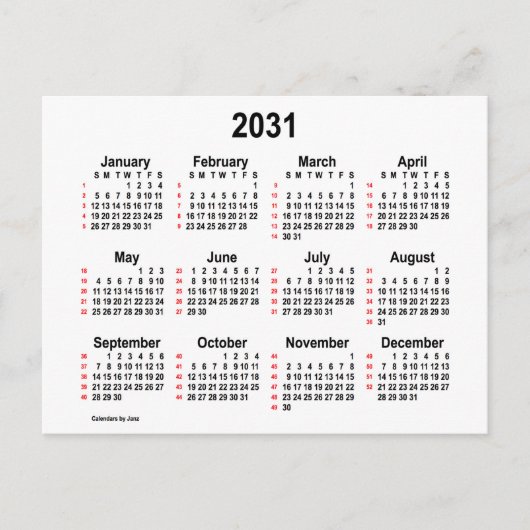2031 White 52 Weeks Mini Calendar by Janz Postkarte (Vorderseite)