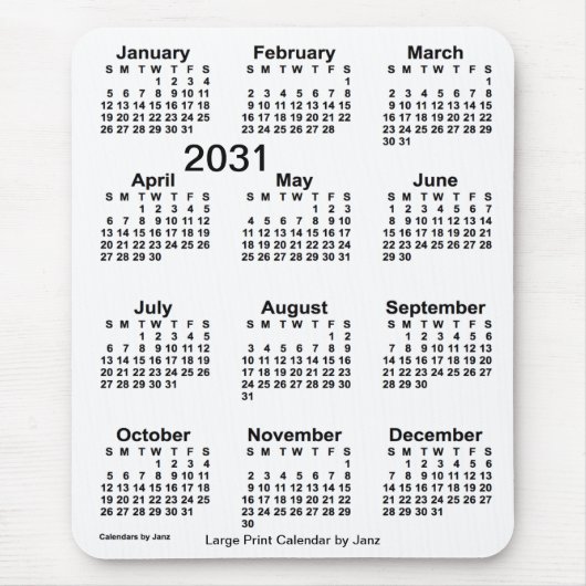 2031 White Large Print Calendar von Janz Mousepad (Vorne)