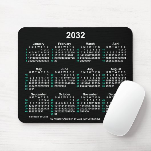 2032 Neon White 52 Weeks ISO Calendar by Janz Mousepad (Mit Mouse)