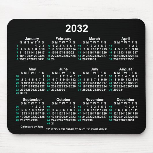 2032 Neon White 52 Weeks ISO Calendar by Janz Mousepad (Vorne)