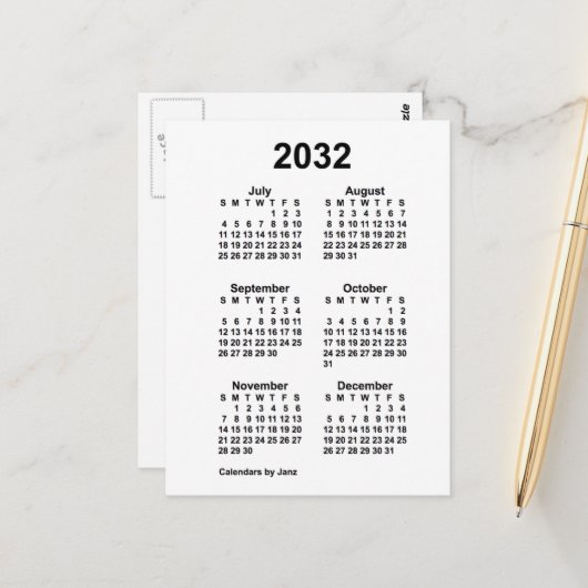 2032 Weißer 6-monatiger Mini-Kalender von Janz Postkarte (Vorderseite/Rückseite Beispiel)