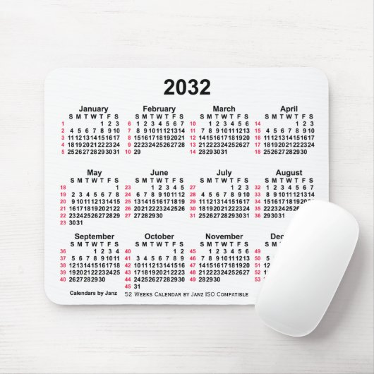 2032 White 52 Weeks ISO Calendar by Janz Mousepad (Mit Mouse)