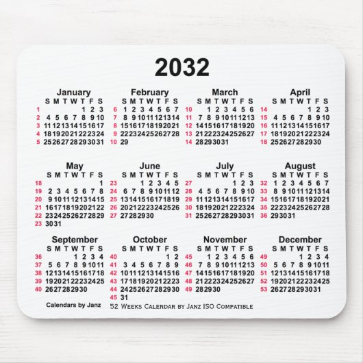 2032 White 52 Weeks ISO Calendar by Janz Mousepad (Vorne)