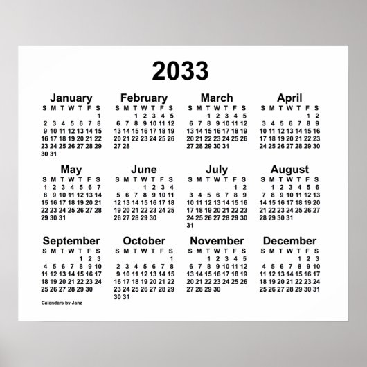 2033 Weißer Kalender von Janz Print Poster (Vorne)