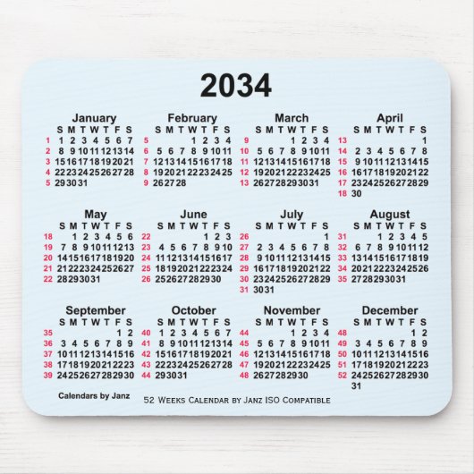 2034 Alice Blue 52 Weeks ISO Calendar by Janz Mousepad (Vorne)