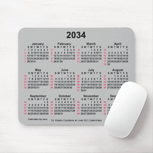 2034 Silver 52 Weeks ISO Calendar by Janz Mousepad (Mit Mouse)