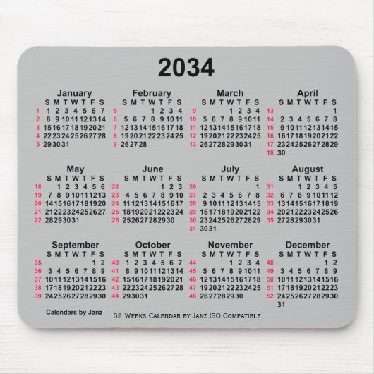 2034 Silver 52 Weeks ISO Calendar by Janz Mousepad (Vorne)