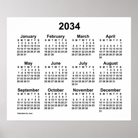 2034 Weißer Kalender von Janz Print Poster (Vorne)