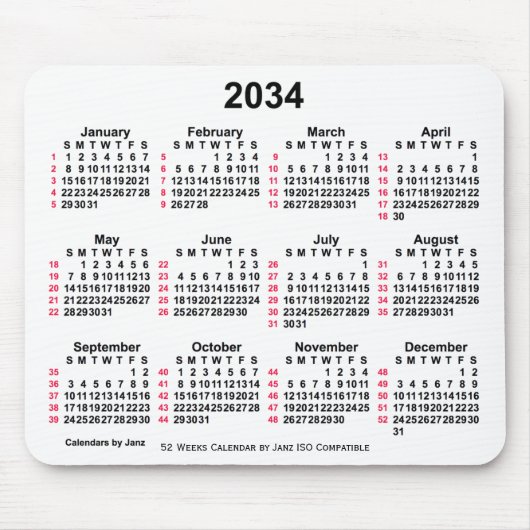 2034 White 52 Weeks ISO Calendar by Janz Mousepad (Vorne)