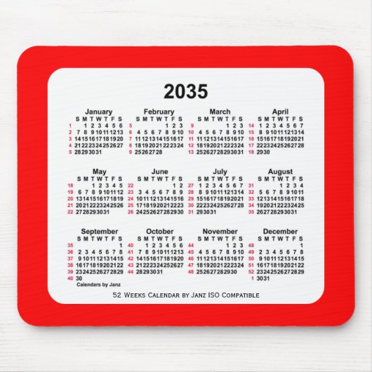 2035 Red 52 Weeks ISO Calendar by Janz Two Mousepad (Vorne)