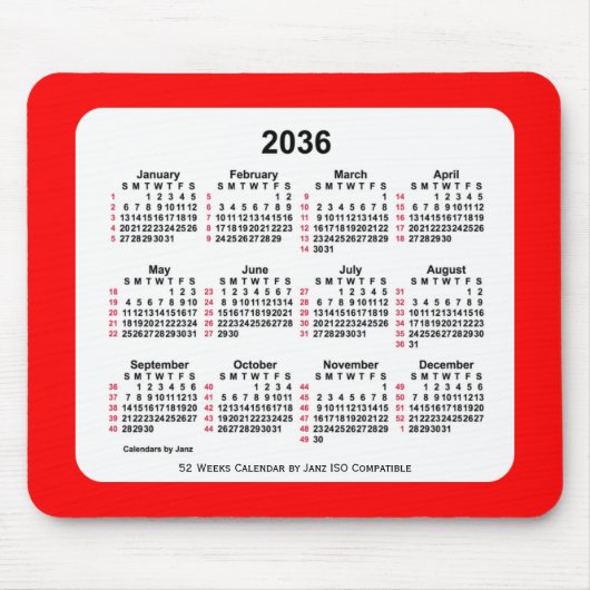 2036 Red 52 Weeks ISO Calendar by Janz Two Mousepad (Vorne)