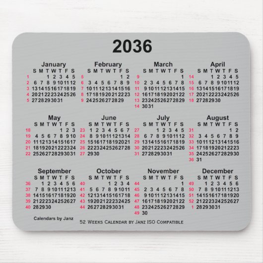 2036 Silver 52 Weeks ISO Calendar by Janz Mousepad (Vorne)