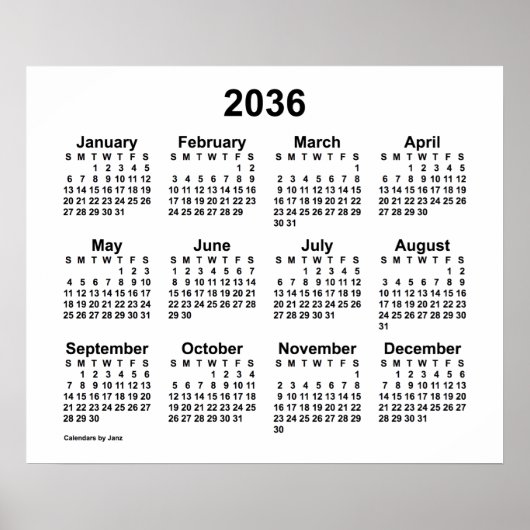 2036 Weißer Kalender von Janz Print Poster (Vorne)