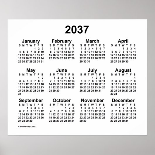 2037 Weißer Kalender von Janz Print Poster (Vorne)