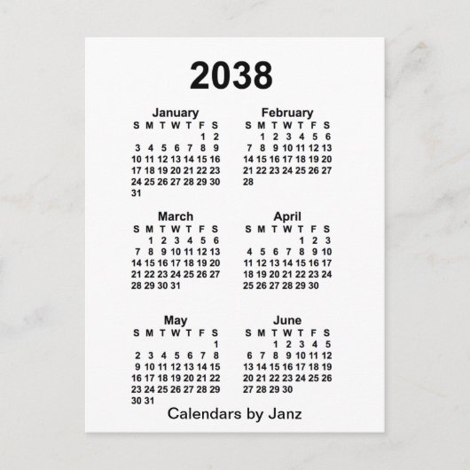 2038 White 6 Month Mini Kalender von Janz Postkarte (Vorderseite)