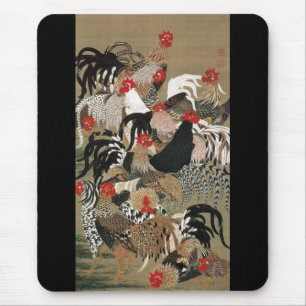 20. 群 鶏 図, 若 冲 Flock of Roosters, Jakuchu Mousepad