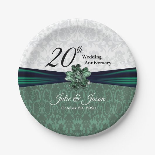 20. Emerald Damask Hochzeitsszenario Pappteller (Vorderseite)