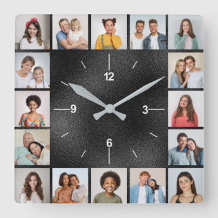 20 Foto-Collage Faux-Schwarz-Bürsten-Metallfolie Quadratische Wanduhr