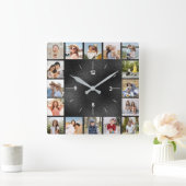 20 Foto Collage Imitate Schwarzer Brushed Metallic Quadratische Wanduhr (Zuhause)