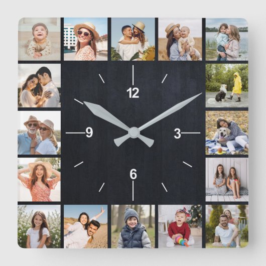 20 Foto Collage Imitats Black Chalkboard Quadratische Wanduhr (Vorderseite)