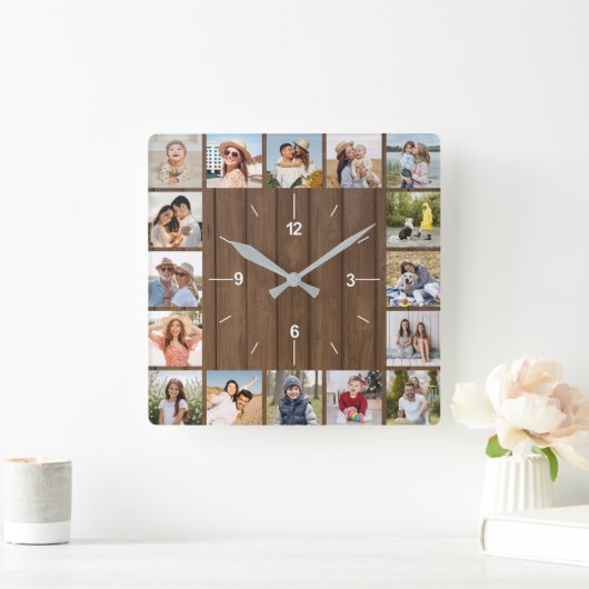 20 Foto Collage Imitats Brauner Holzzaun Quadratische Wanduhr (Zuhause)