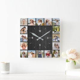 20 Foto Collage Imitats Dunkelschwarzer Holzzaun Quadratische Wanduhr