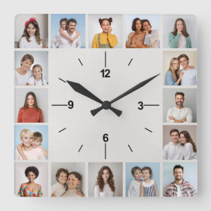 20 Foto Collage Metallische weiße Folie Quadratische Wanduhr